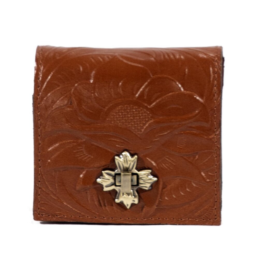 Patricia Nash Maida Tooled Leather Trifold Wallet Embossed Floral Leather Tan